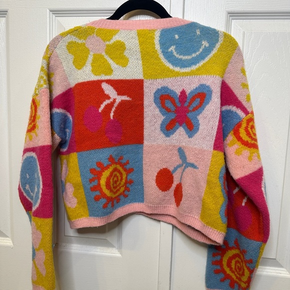 Patchwork Graphic Sweater Smiley Face Flower Dopamine Knit Size S - Picture 7 of 11
